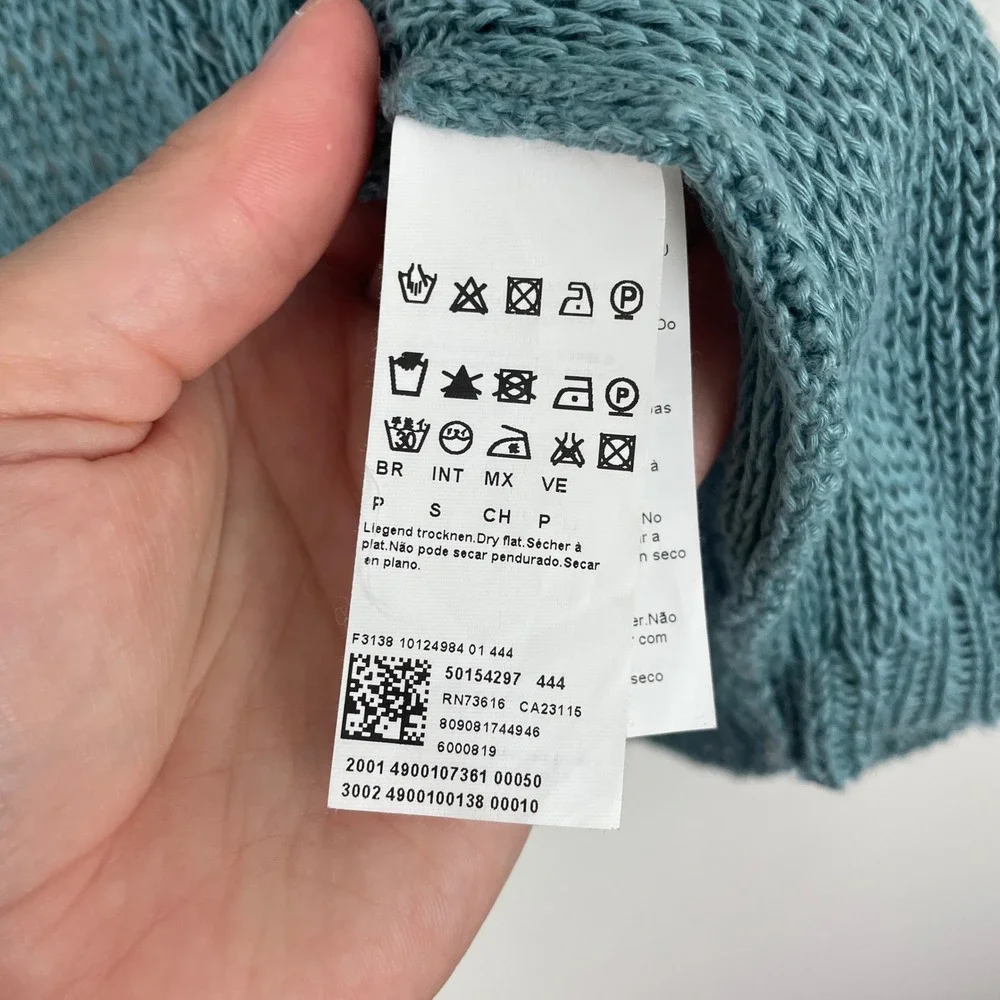 BOSS Hugo Boss Knit Cardigan Sweater Women's Small‎ Blue Open Front 100% Linen